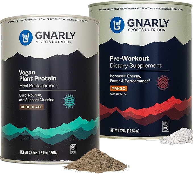 Gnarly Vegan Plant Protein Meal Replacement - Chocolate (28.2oz) and Gnarly Nutrition Preworkout Mango (14.82oz)