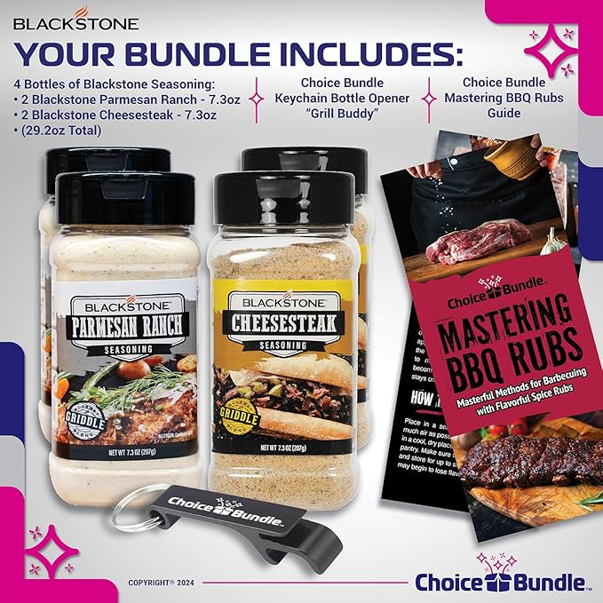 Blackstone Cheesesteak &amp Parmesan Ranch Seasoning - Premium Griddle BBQ Rub 4 Pk Choice Bundle (29.2 oz) + BBQ Guide &amp Opener (6 Items)!