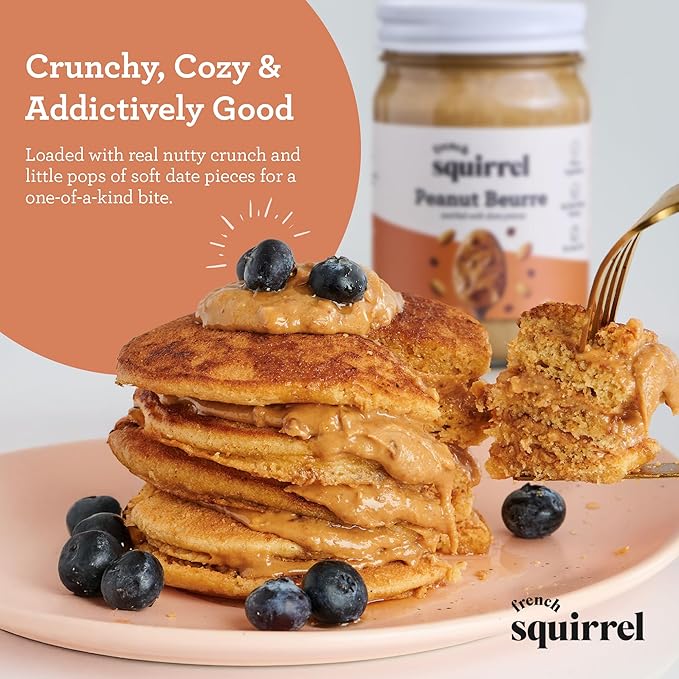 French Squirrel Peanut Beurre - Gluten-Free Nutrient-rich Fresh Peanut Butter - Vegan PeanutButter w/Dates Cinnamon Sea Salt - Crunchy Peanutbutter for Toasts Oatmeal Porridge &amp More (2 Pack)