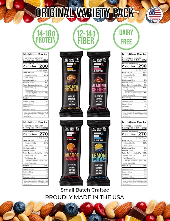 E3 Energy Cubes- Original Variety Pack - 3 of Each Original Flavor- Refrigerated Protein Bars | Healthy Snack Bars Gluten Free Dairy Free Soy Free | Made in USA Pack of 12