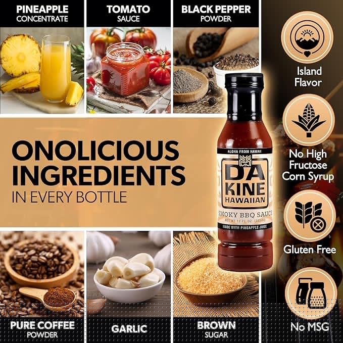 Da Kine Hawaiian Smoky BBQ Sauce Premium Gourmet Barbecue Sauce Made in Small Batches Gluten-Free BBQ Sauce for Meat Fish and Vegetables - Smoky (3 Pack)