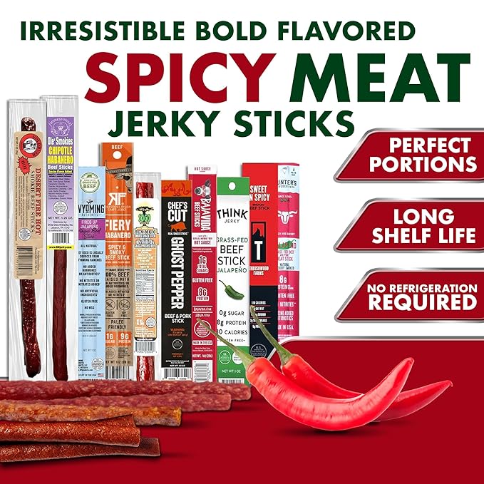 Jerky-n-Spice Premium Spicy Meat Sticks Variety Pack (10 Count) | Exotic Beef Jerky Gifts for Men | Assorted High Protein Snacks | Beef Stick Sampler | Ideal for Birthday Road Trip &amp Camping