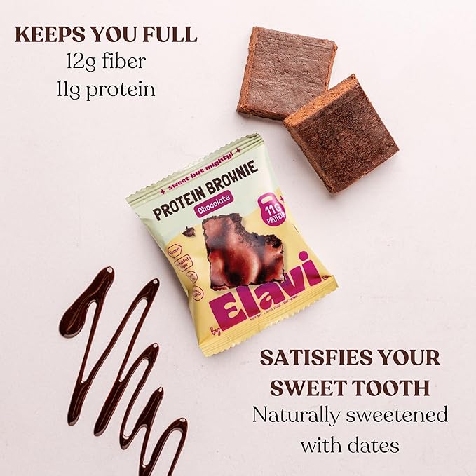 Elavi Protein Brownie 11g Protein Non-Dairy Vegan &amp Gluten Free Delicious Guilt-Free Snack | No Artificial Flavors No Added Sugar No Sugar Alcohols High in Fiber (Chocolate Fudge)