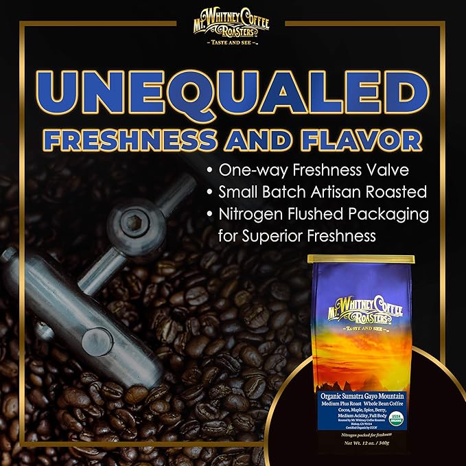 Mt. Whitney Organic Gayo Mountain Sumatra Medium Dark Roast Low Acid Coffee (Whole Bean 12 Oz)