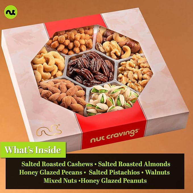 NUT CRAVINGS - Easter Mixed Nuts Gift Basket in Red Gold Box (7 Assortments 1 LB) Ramadan Gifts Treats for Adults Food Arrangement Healthy Snack Care Package Kosher