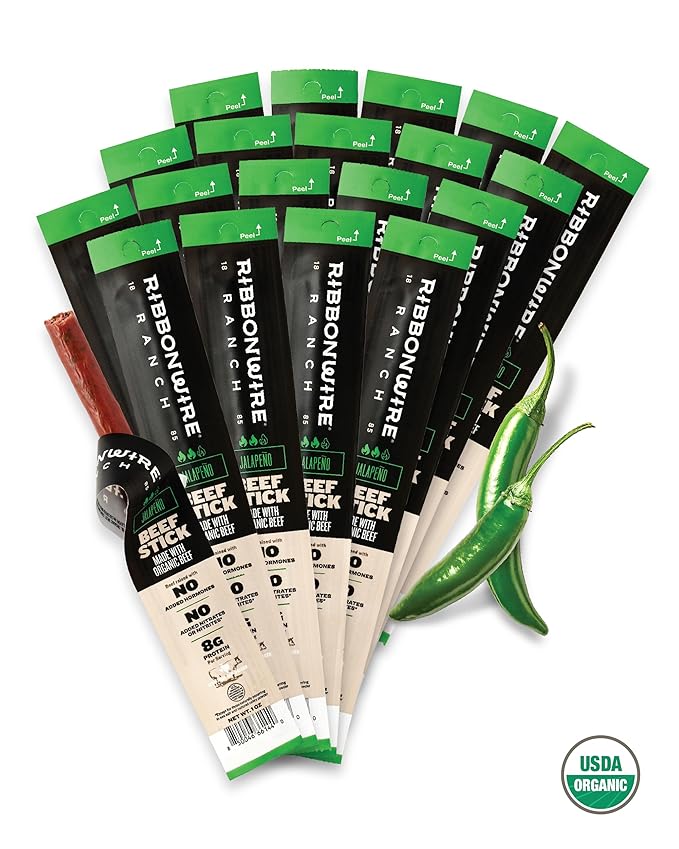 Ribbonwire Ranch Beef Sticks Made with Organic Beef Pasture Raised High Protein Snack Healthy Low Carb Keto Friendly Gluten Free Nitrate Free On the Go 1 Oz Sticks Jalapeno 20 Pack