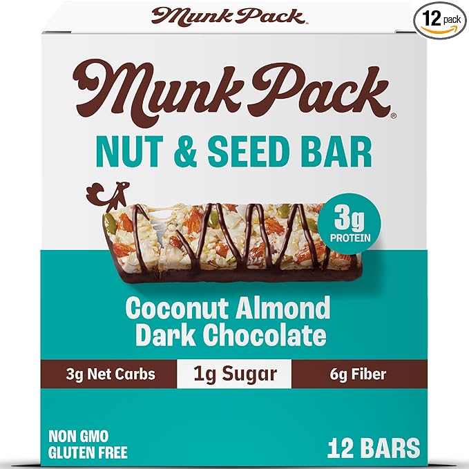 Munk Pack Nut &amp Seed Bars Coconut Almond Dark Chocolate Prebiotic &amp Probiotic GLP-1 Snack Gut Friendly 5g Fiber 3g Plant Protein Gluten Free Keto No Sugar Alcohols 3g Net Carb 12 Cou