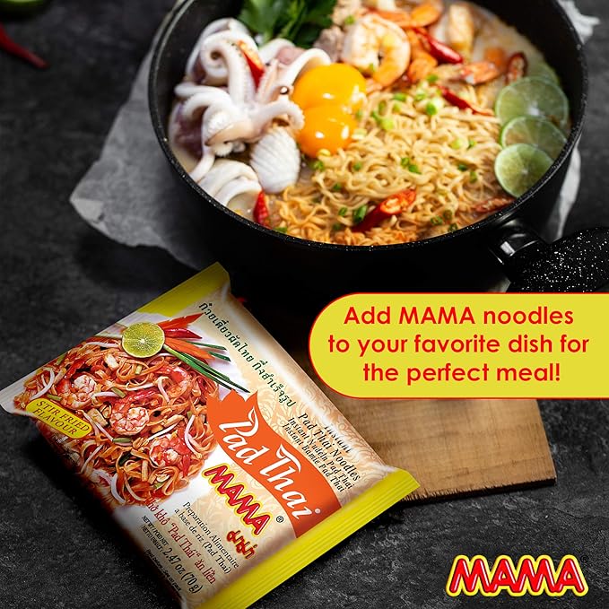 MAMA Noodles Pad Thai Instant Spicy Noodles w/Delicious Thai Flavors Hot &amp Spicy Noodles w/Pad Thai Soup Base No Trans Fat w/Fewer Calories Than Deep Fried Noodles 30 Pack