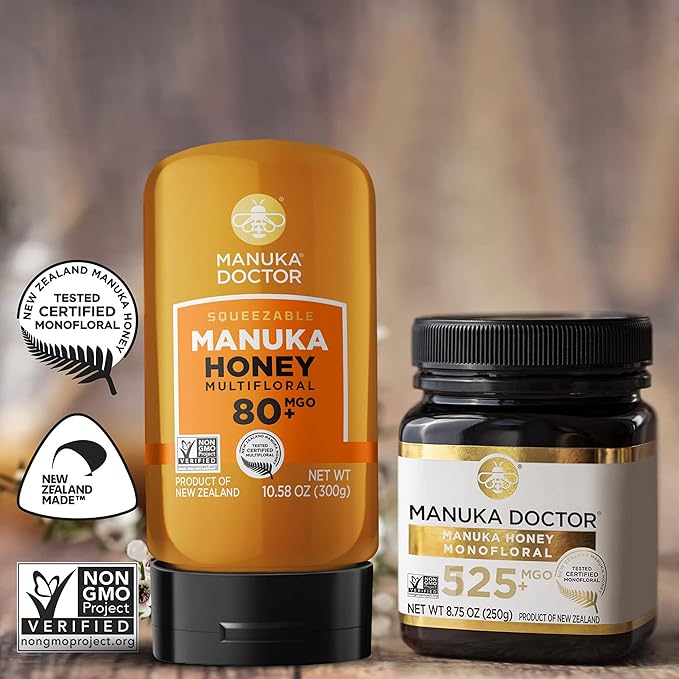 MANUKA DOCTOR - MGO 80+ Multifloral SQUEEZY and MGO 525+ Monofloral Manuka Honey Value Bundle 100% Pure New Zealand Honey. Certified. Guaranteed. RAW. Non-GMO