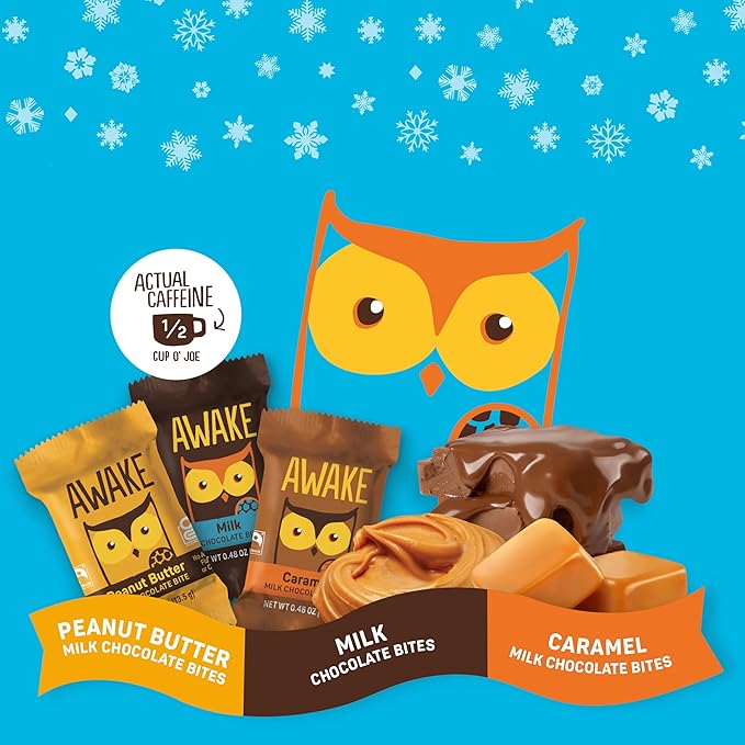 AWAKE - Caffeinated Chocolate Bites - 50mg Caffeine per bite - Winter Wake Up Variety Pack (3 Flavors) 50 Bites - Peanut Butter Milk &amp Caramel - Energy Bites - Coffee Alternative - 0.48oz each