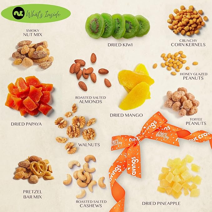 NUT CRAVINGS Gourmet Collection - Happy Birthday Treats Dried Fruit &amp Mixed Nuts Gift Basket with Bday Ribbon in Reusable Wooden Tray (12 Assortments) Food Arrangement Healthy Snack Food Assortm