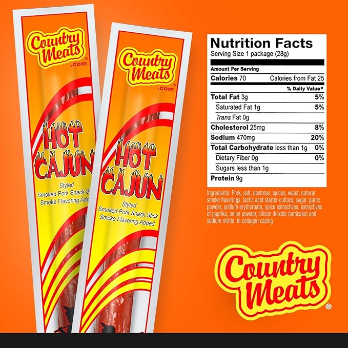 Country Meats Meat Sticks 0 Trans Fat USDA Certified Good Source of Protein Carb Conscious Snack (24 Meat Sticks Hot Cajun)