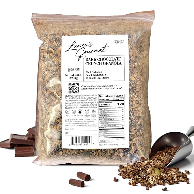 Laura's Gourmet Granola - Dark Chocolate Crunch - Gluten Soy &amp Dairy Free - Organic Agave Bittersweet Chocolate Cocoa Vegan Artisan Chef's Trifecta of Taste Texture &amp Mouthfeel - 2 LB