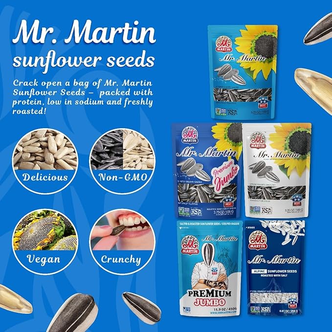 MR. MARTIN Premium Jumbo Salted Sunflower Seeds To Eat Roasted Keto Friendly Snack Kosher Non-GMO Vegan - 3.75 oz 16 Pack