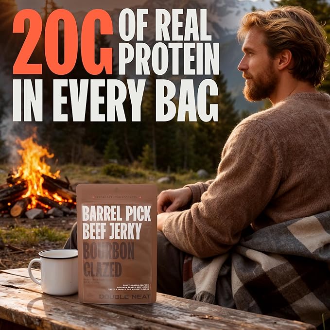 Double Neat Barrel Pick Bourbon Glazed Beef Jerky – Gluten Free – Whiskey Infused Sweet and Smokey High Protein Healthy Snacks – Low Sodium – Gourmet Easter Beef Jerky Gifts for Men – 2 Ounces Each