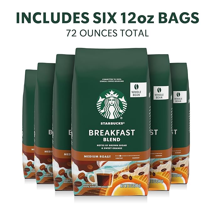 Starbucks Whole Coffee Beans Medium Roast Hot or Iced Coffee Breakfast Blend Six 12 oz Bags