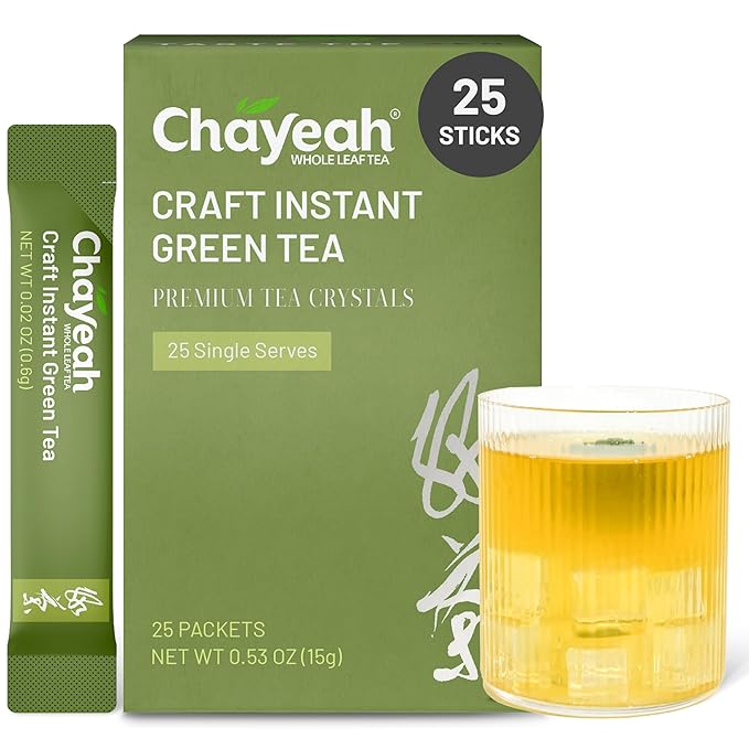 CHAYEAH Craft Instant Green Tea Quick Brew Tea Crystals No Sugar Natural Caffeine Hot or Cold (25 Packets)
