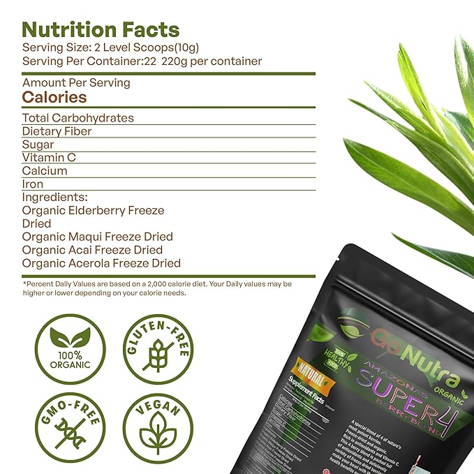 Go Nutra Organic Freeze Dried Acai Berry Blend for Bowls | Superfood Smoothie Mix with 4 Immune Boosting Berries | Acai Maqui Elderberry Acerola | Antioxidant Freeze Dried Berries 15 Servings 8oz
