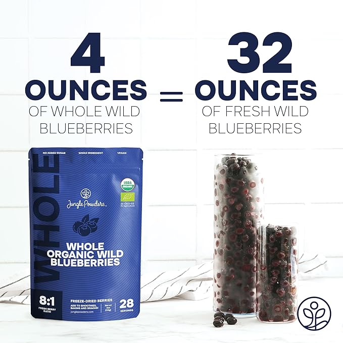 Jungle Powders Organic Blueberries Fresh Freeze Dried Fruit 4 Ounce Bag - Made From Frozen Wild Dried Blueberries + Freeze Dried Strawberries Organic USDA Certified Strawberry Slices 3.2 Ounce Bag