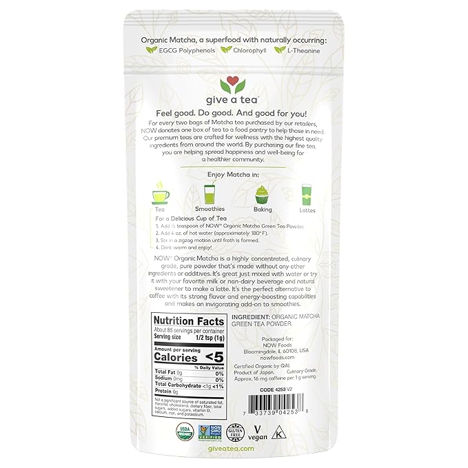 NOW Foods Certified Organic Matcha Green Tea Powder Non-GMO Project Verified 3-Ounce