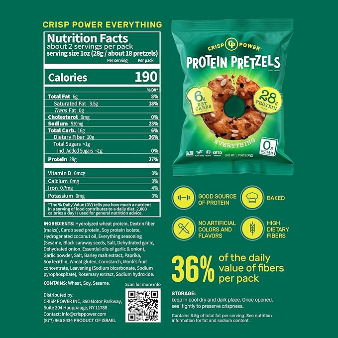 CRISP POWER Protein Pretzels Variety Pack With Sea Salt Sesame &amp Everything Up To 28G Protein High Protein Snack High Fiber Low Carb Crunchy Pretzel Snacks No Added Sugar 1.75 oz Bags 24