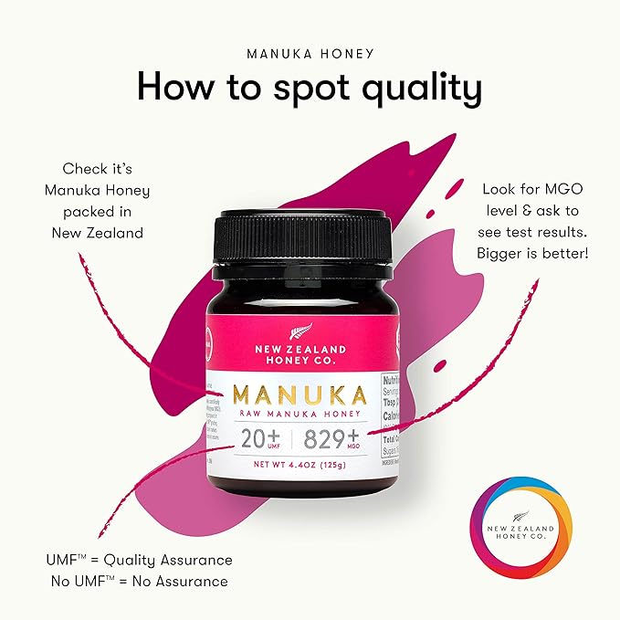 New Zealand Honey Co. Raw Manuka Honey UMF 20+ | MGO 829+ 4.4oz UMF Certified &amp Bamboo Spoon 12cm