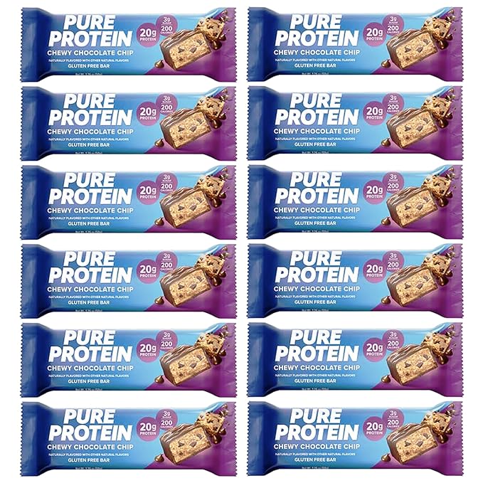 Pure Protein Bars High Protein Nutritious Snacks to Support Energy Low Sugar 1.75 oz Gluten Free 12 Count Chewy Chocolate Chip