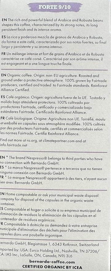 Bernardo FORTE Lungo Biodegradable Capsules Compatible with Nespresso Original Line Intensity 9/10 USDA Organic Home Compostable Capsules. 100 Count (10 Boxes of 10 Lungo Pods)