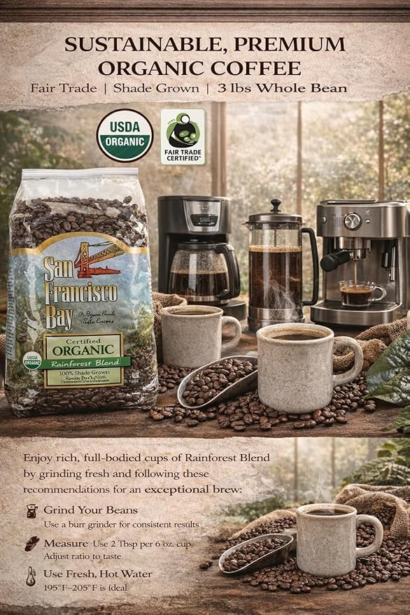 San Francisco Bay 100% Organic Coffee Rainforest Blend Whole Bean 3 Lbs