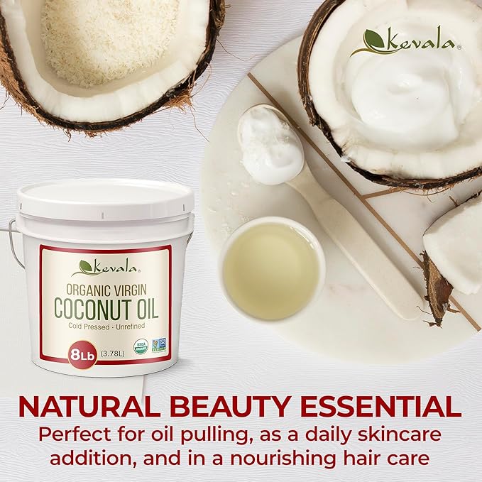 Kevala Organic Coconut Oil - Extra Virgin Oil with High Smoke Point for Baking and Cooking Natural and Fresh Coconut Scent for Body Massages Complements Recipes from Many Cultures Bulk Size 8 lb