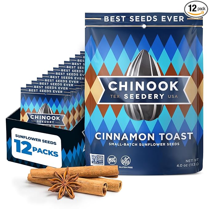 Chinook Seedery Sunflower Seeds to Eat — Jumbo Flavored Roasted Low Sodium Snacks — Keto Friendly Gluten-Free Non-GMO — Cinnamon Toast Flavor 4 oz (12-Pack)