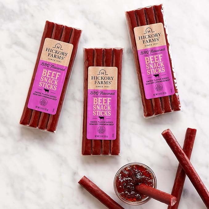 Hickory Farms Barbecue Beef Sausage Snack Sticks 3-Pack | High-protein snack gluten free meat sticks for snacking made with premium beef