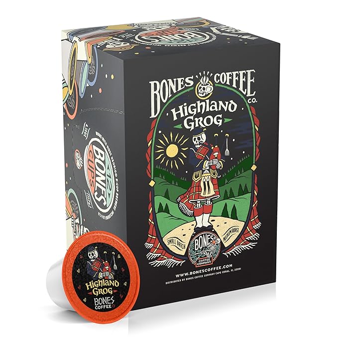 Bones Coffee Company Highland Grog Ground Coffee Beans 12 oz and Bones Cups Highland Grog 12 ct Bundle