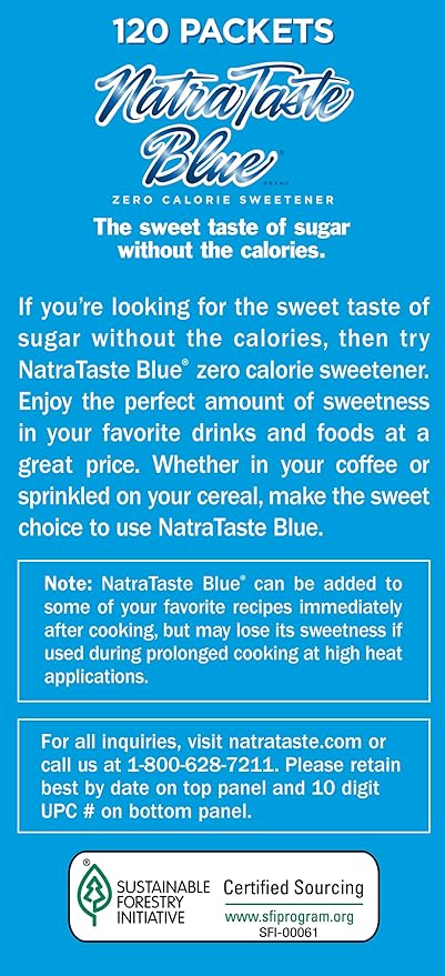 NatraTaste Blue Zero Calorie Sweetener Bulk Sugar Substitute for Coffee Iced Tea Lemonade Hot &amp Cold Drinks Baking Cooking Low Carb Vegan Sugar Alternative 120 Packets Value Box (12 pack