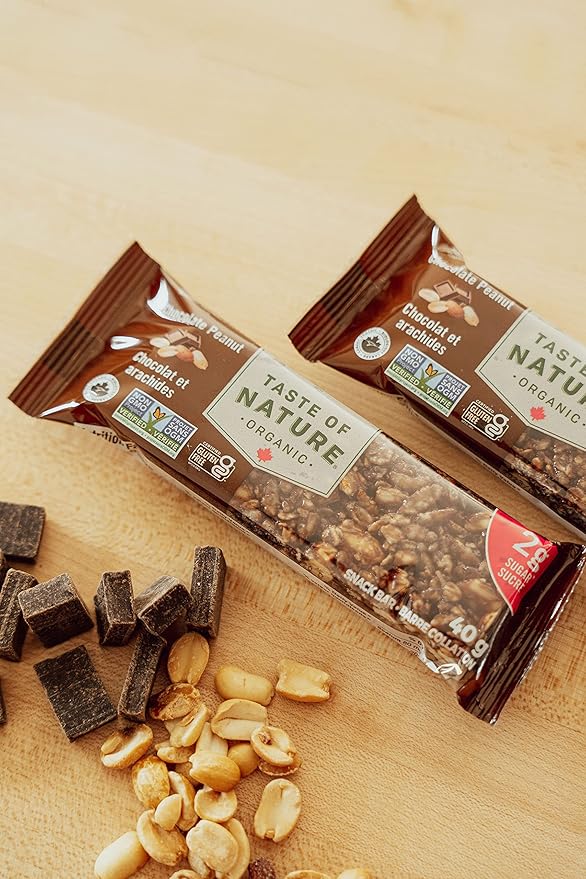 Taste of Nature - Organic 2g Sugar Chocolate Peanut - Low Sugar Snack and Breakfast Bar High Fiber Energy Bar - 16 Count Snack Pack