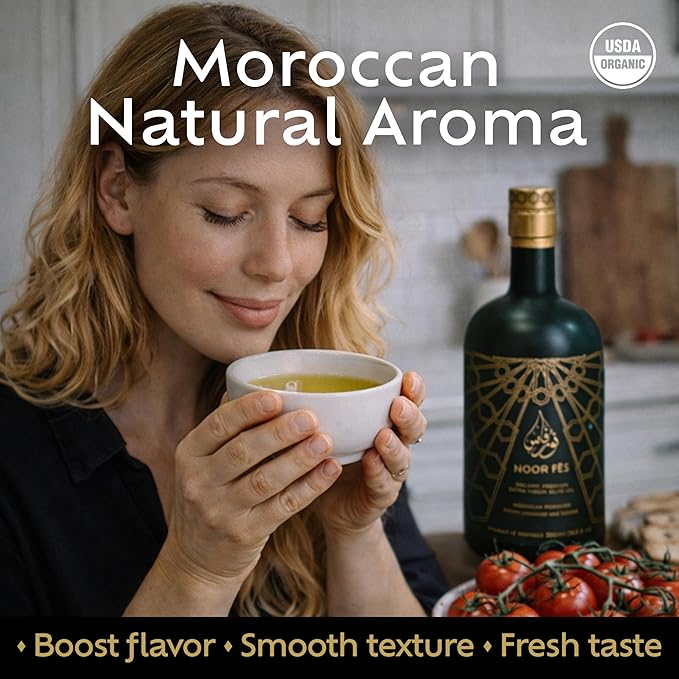 NOOR FÈS USDA Organic Extra Virgin Olive Oil | 584 mg/kg High in Polyphenols | 100% Unrefined | Moroccan Cold Extracted EVOO | Less than 0.15% Acidity | Handpicked Picholine Olives | Pack of 2