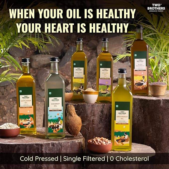 Two Brothers Organic Farms Wood Pressed Coconut Oil Kacchi Ghani/Mara Chekku Natural and Unrefined 1 Ltr (1000Ltr Glass Bottle)