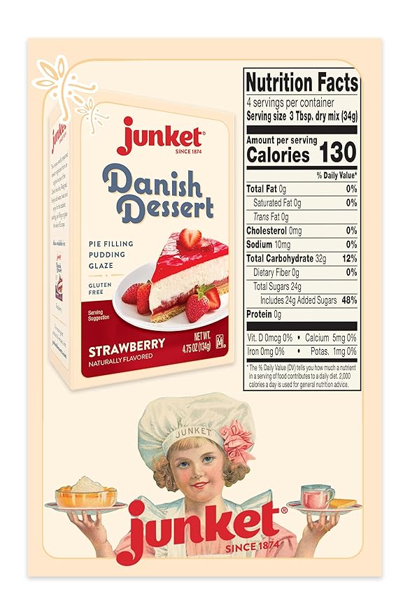 Junket Danish Dessert Strawberry Mix - for Strawberry Pie Filling Cheesecake Topping Sauces Puddings and Glazes. Easy! Add Water Heat 60 Seconds Add Fresh Fruit - Enjoy! 4.75 Ounce (Pack of 12)
