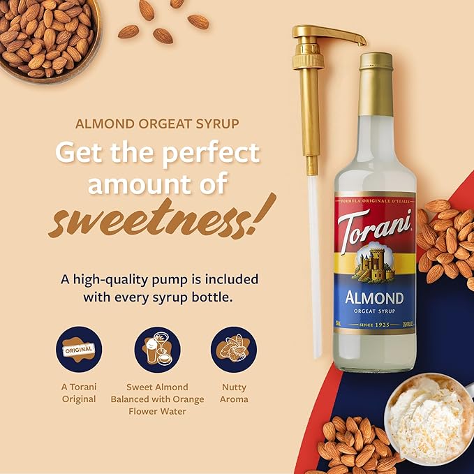 Torani Coffee Syrup Almond Orgeat Flavored Syrup for Drinks Glass Bottle 4-Pack Pumps Included 25.4 Oz Ea