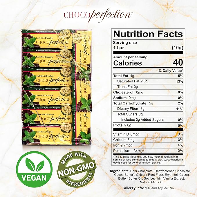 Chocoperfection Sugar Free Dark Mint Chocolate- 10g Bars (Pack of 30)