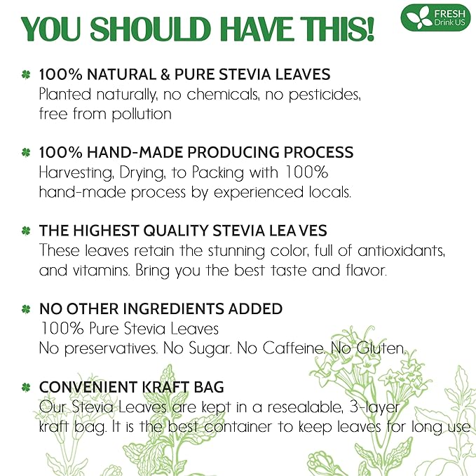 FreshDrinkUS Premium 500+ Natural Stevia Leaves Whole Dried Leaves 100% Pure Stevia Dried Leaves Zero Calorie Sweetener No Additives No Caffeine Vegan