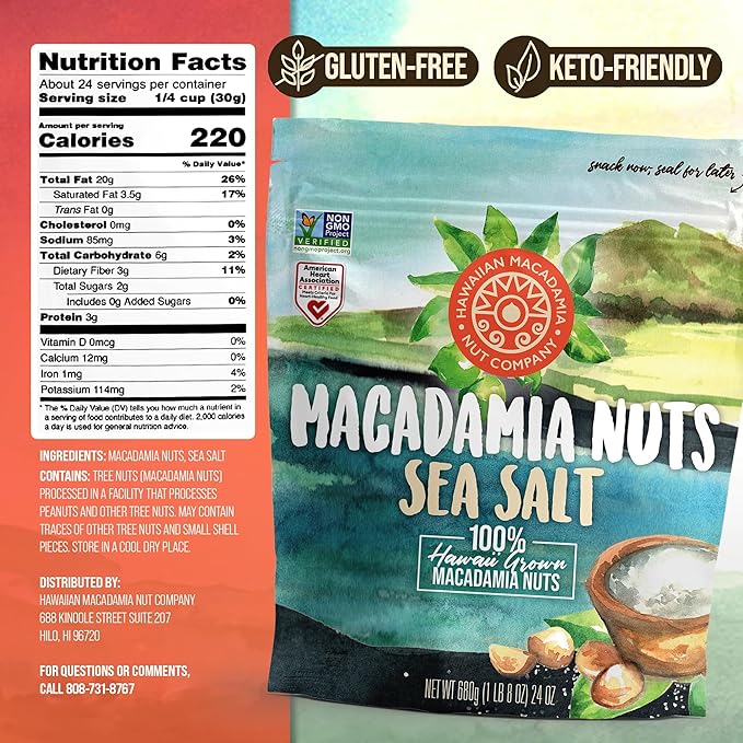 Hawaiian Macadamia Nut Company Dry Roasted Macadamia Nuts with Sea Salt 24 Oz Source of Fiber Gluten-Free and Certified Non-GMO Premium Quality Crunchy and Delicious