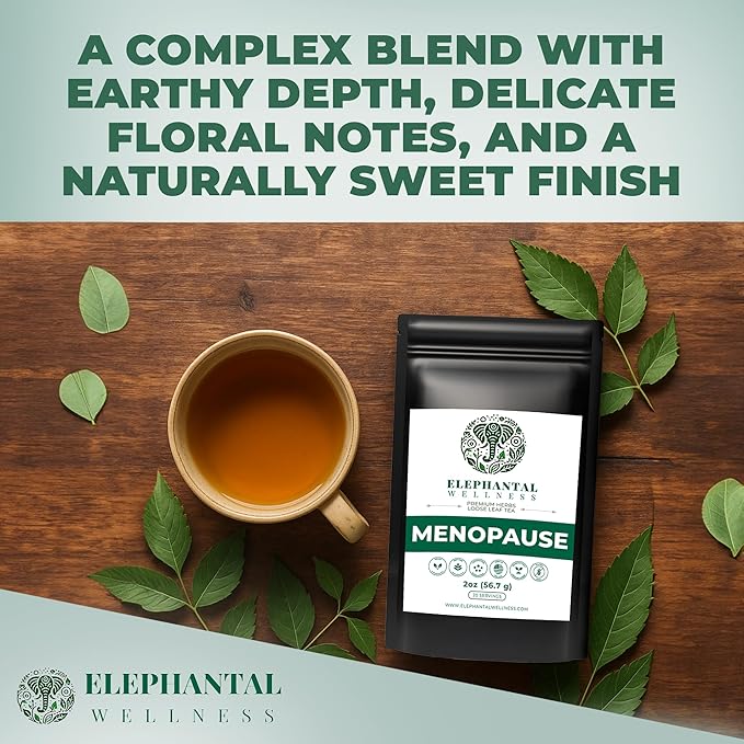 Elephantal Wellness Premium Menopause Herbal Tea | Hormonal Balance &amp Hot Flash Support with Chaste Berry Red Clover Black Cohosh &amp Valerian | Handmade Caffeine-Free Non-GMO Loose Leaf Ble