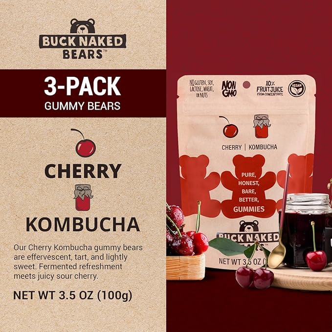 B.uck Naked Bears Cherry Kombucha Gummy Bears 3.5 oz (Pack of 12)