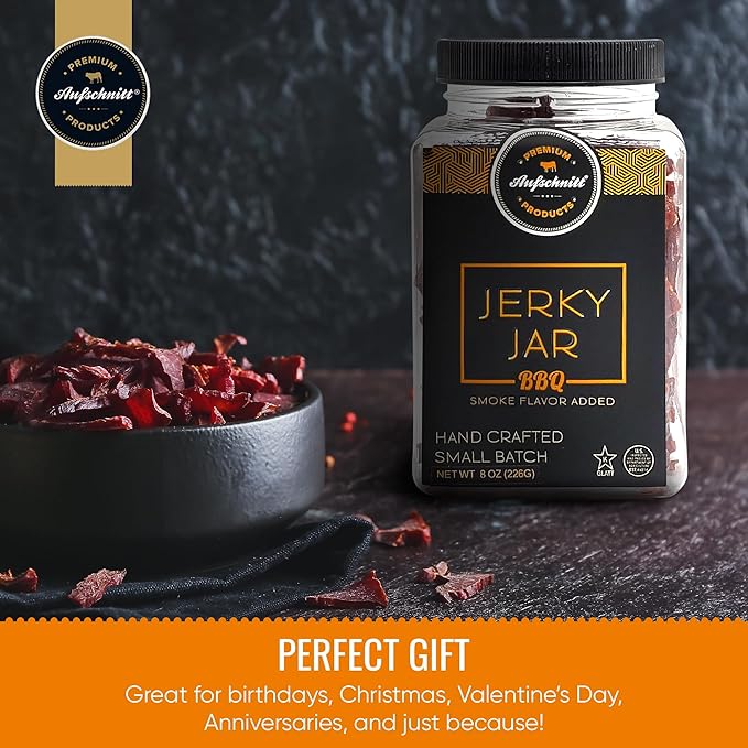 Aufschnitt Meats Beef Jerky Jar - Grass Fed Beef - Kosher and Keto Friendly - Gift Idea - 8 oz Jar BBQ