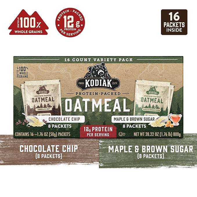 Kodiak Cakes Instant Oatmeal Packets - High Protein - 100% Whole Grains Breakfast Food - Maple &amp Brown Sugar &amp Chocolate Chip (16 Packets)
