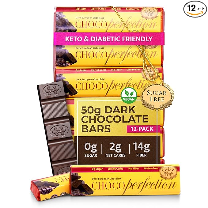 ChocoPerfection Sugar Free Dark Chocolate Bars - Keto-Friendly Gluten-Free and Vegan - No Maltitol and Fiber-Rich with Low Glycemic &amp Low Carb Snacks - European Taste - Box of 12 Bars (50g each)
