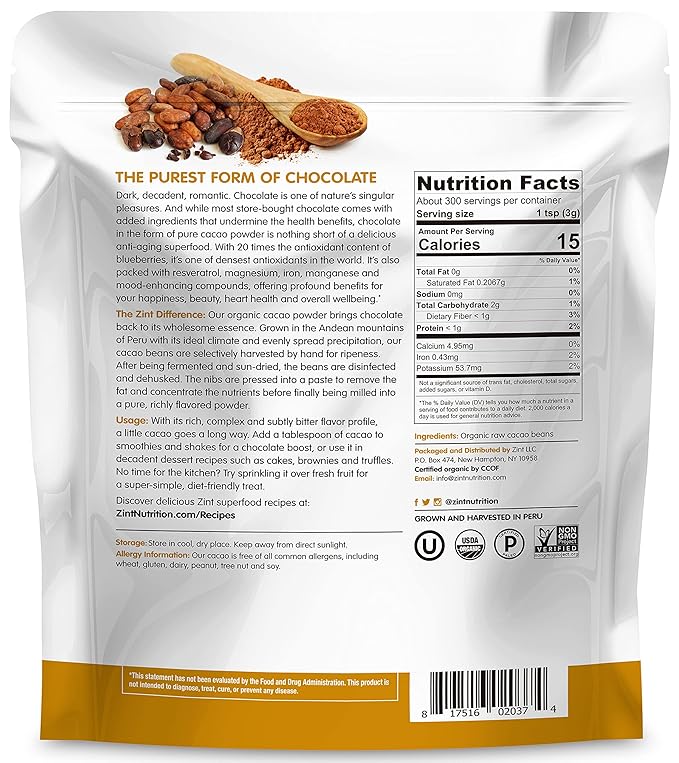 Zint Organic Cacao Powder (32 oz): Paleo-Certified Organic Non GMO Anti Aging Antioxidant Superfood Gluten Free Cocoa Cacao Beans Pure Delicious Chocolate Essence 32 Ounce