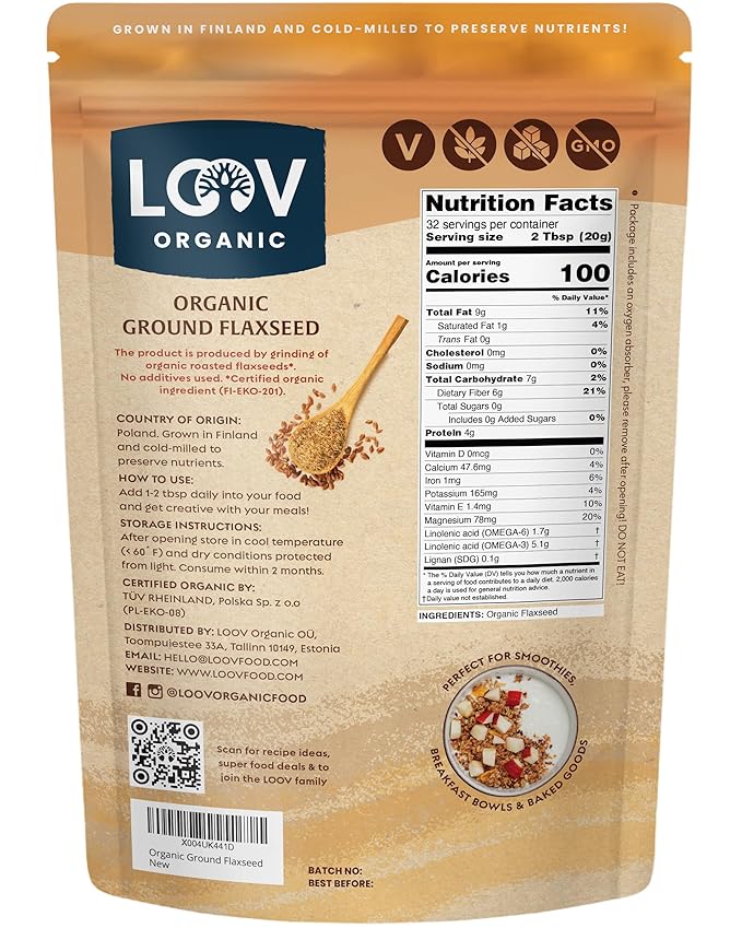 LOOV Organic Ground Flaxseed - Cold-Milled Flax Seeds - High Fiber 5.1 g Plant-Based Omega-3 (ALA) For Smoothies &amp Baking Flaxseed Meal Linaza Molida Grown in Finland 23 oz Resealable Pouch
