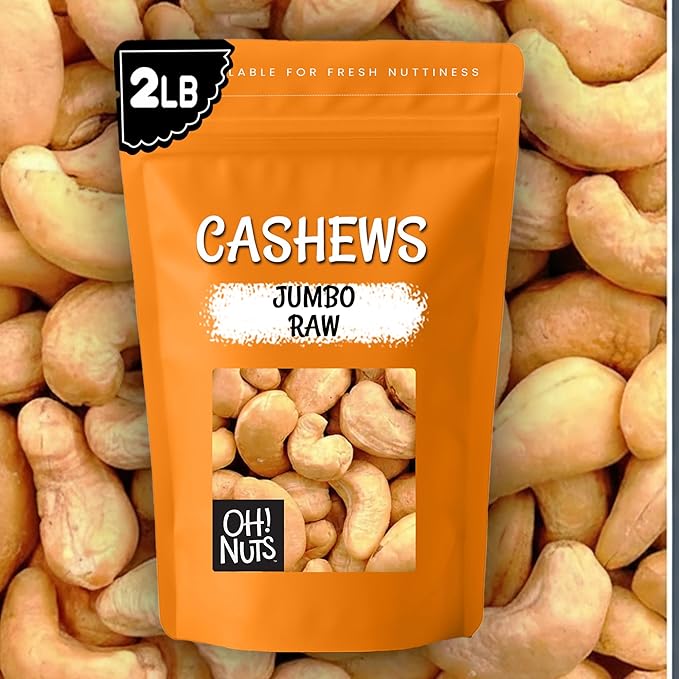 Oh! Nuts Raw Whole Unsalted Cashews - Raw - 100% Natural - 2 lb - Jumbo Cashews - Packed in New York Zip-Seal Bag for Exceptional Freshness